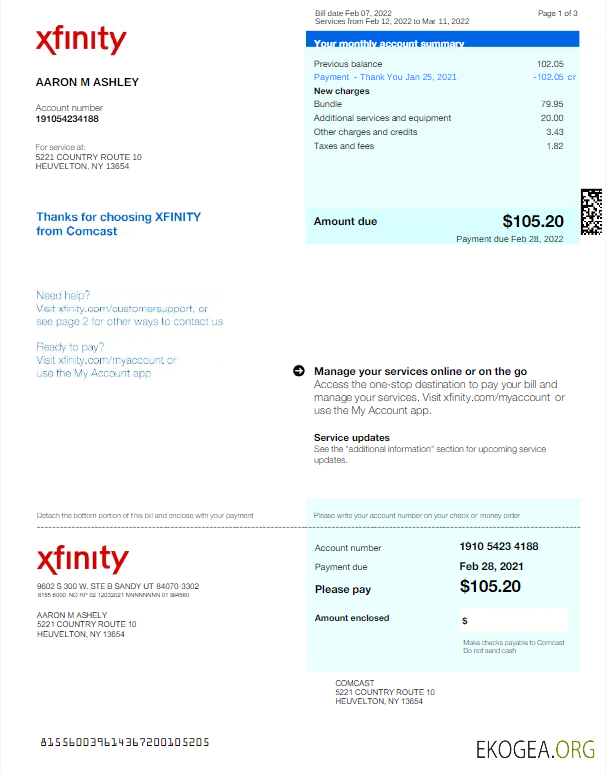 Usa Xfinity utility bill word and pdf template, version 2 template